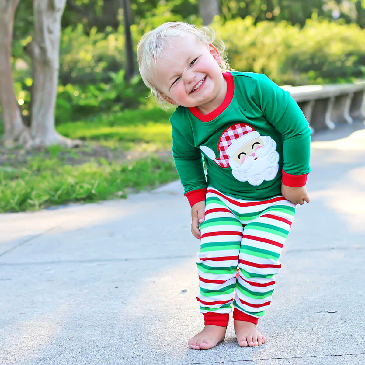 Happy Santa Green Cheerful Stripe Pajamas