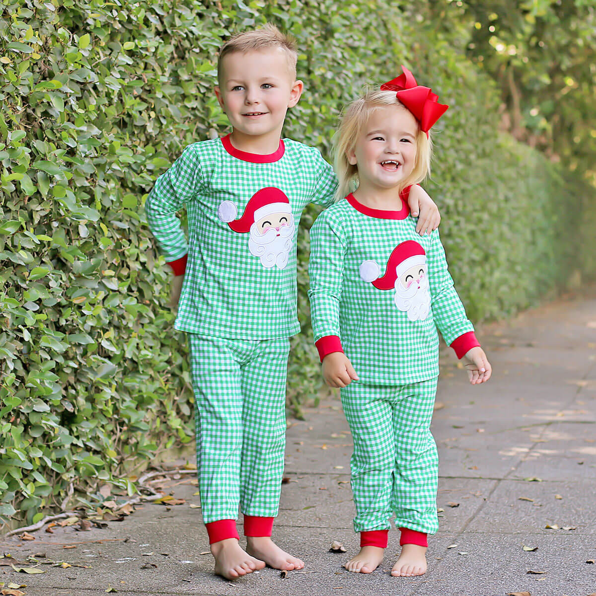 Happy Santa Green Gingham Pajamas