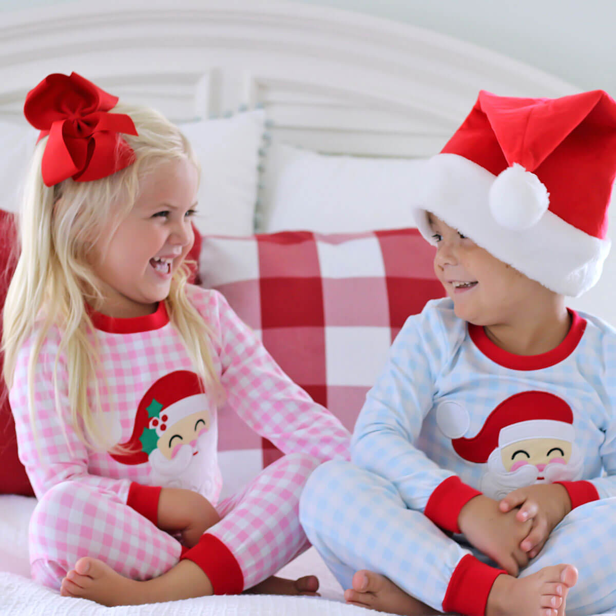 Happy Santa Blue Gingham Pajamas