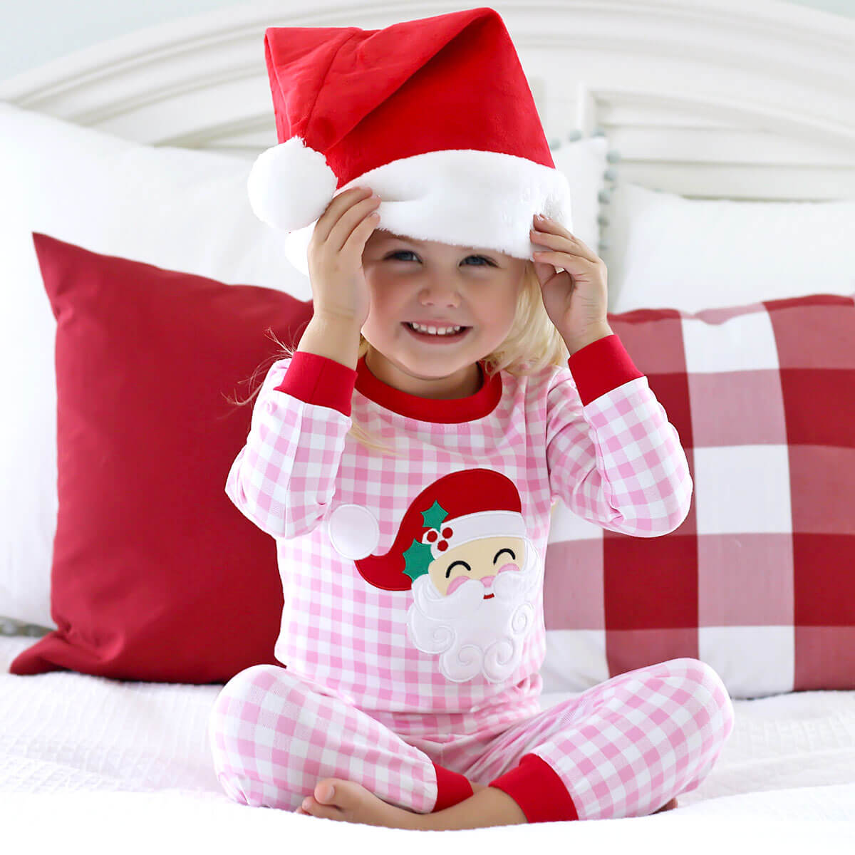 Happy Santa Pink Gingham Pajamas