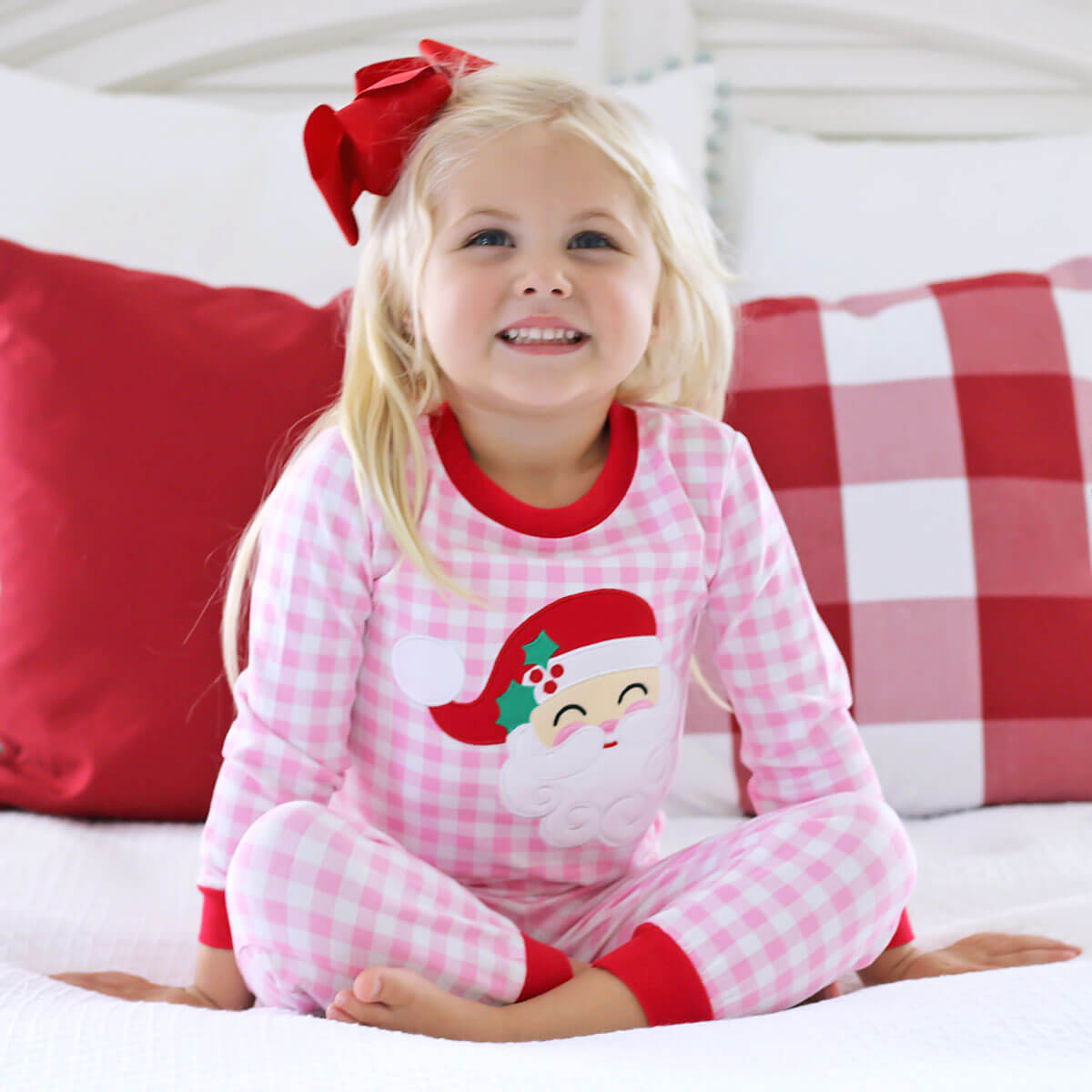 Happy Santa Pink Gingham Pajamas