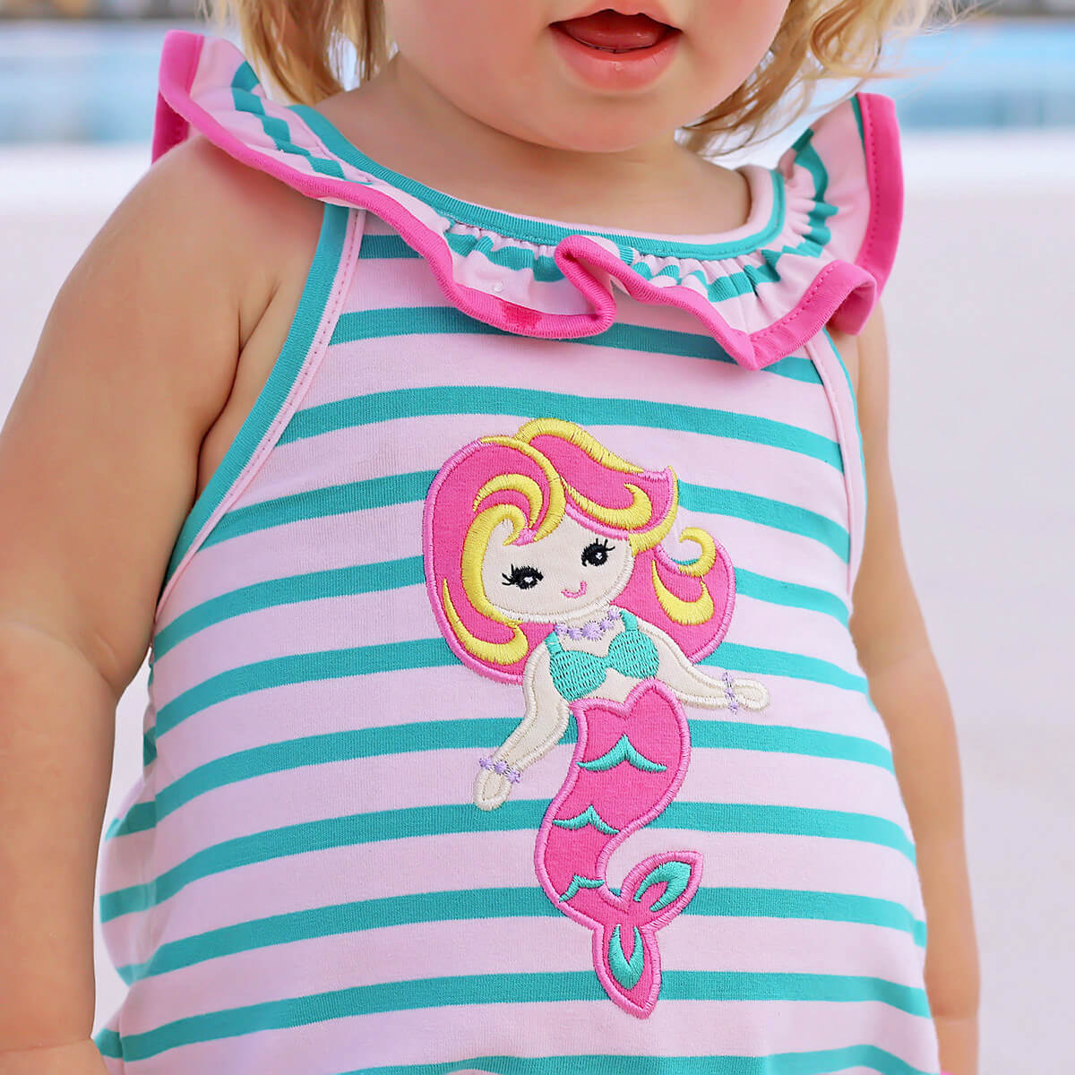Mermaid Applique Stripe Ruffle Bubble