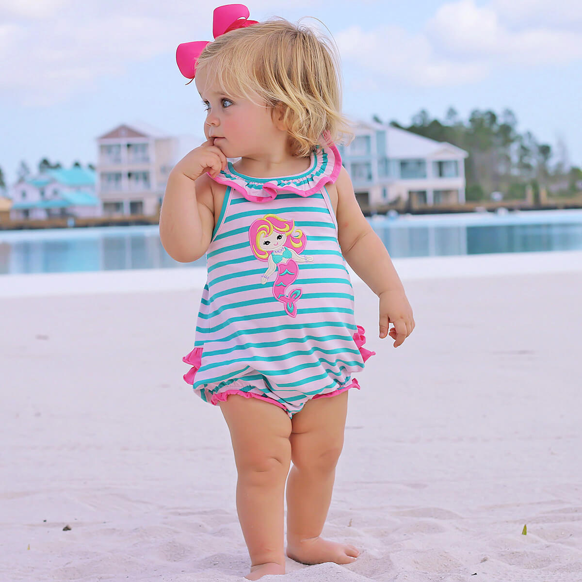 Mermaid Applique Stripe Ruffle Bubble