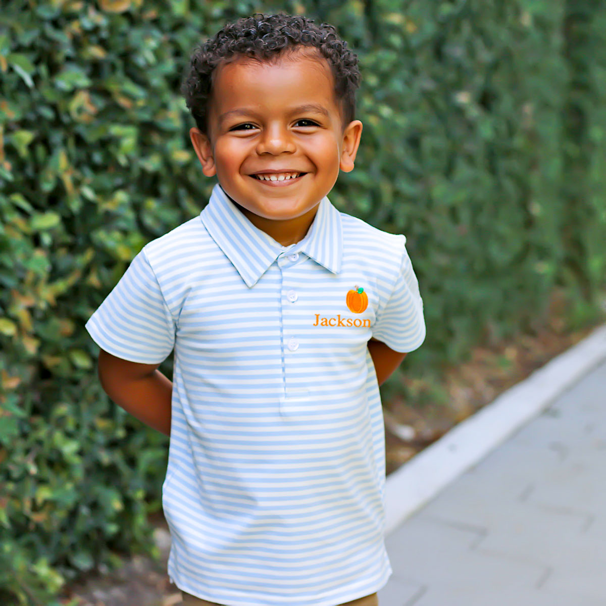 Pumpkin Embroidered Baby Blue Stripe Polo