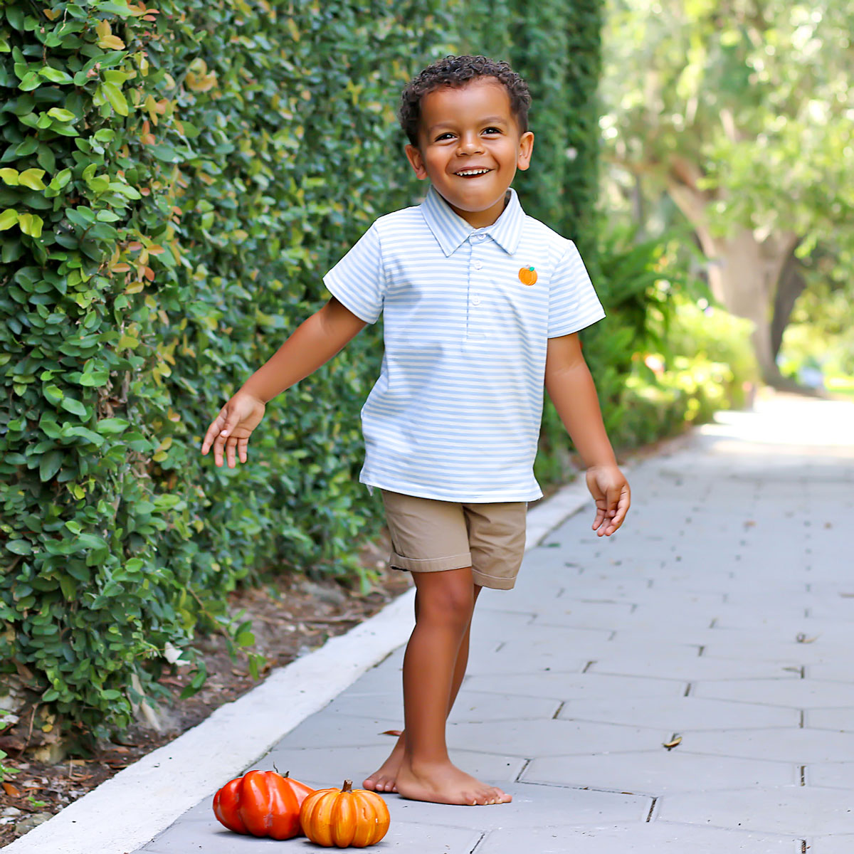 Pumpkin Embroidered Baby Blue Stripe Polo