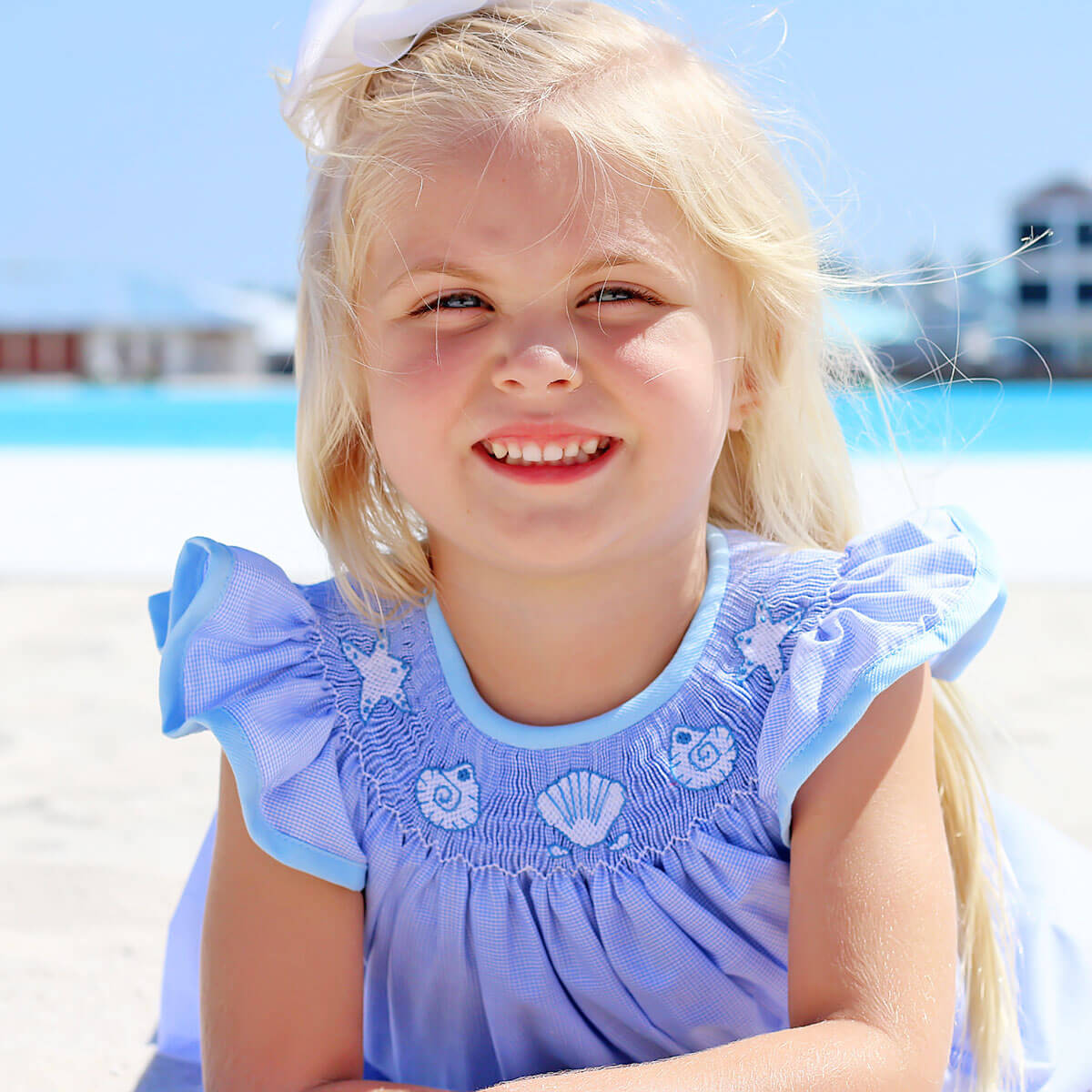 Seashell Smocked Blue Gingham Dress