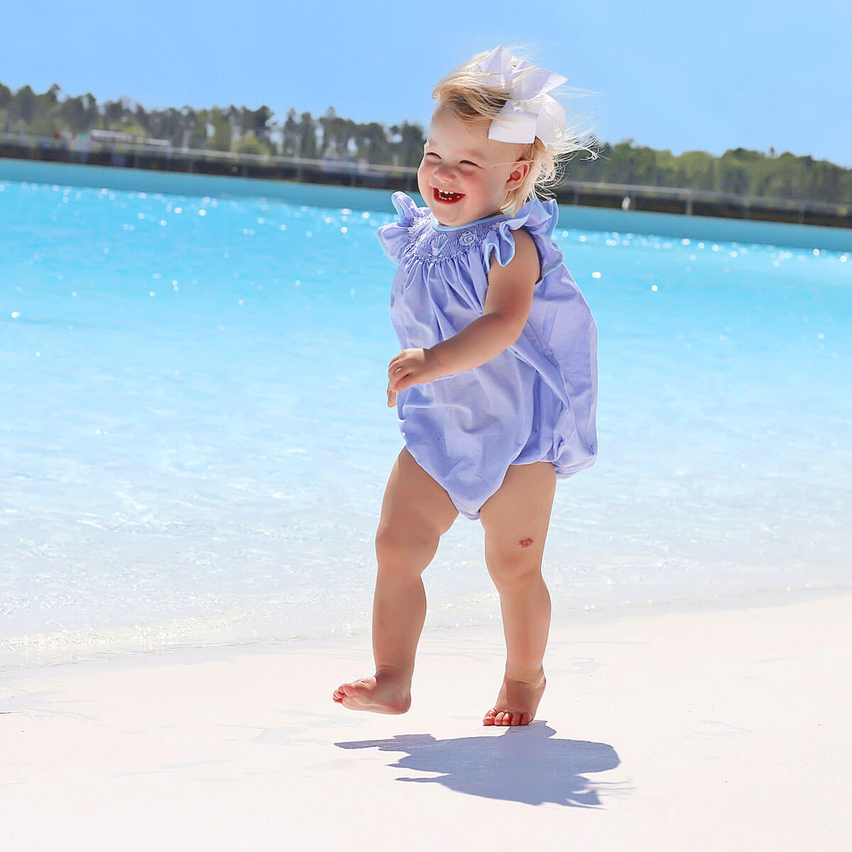 Seashell Smocked Light Blue Micro Gingham Bubble