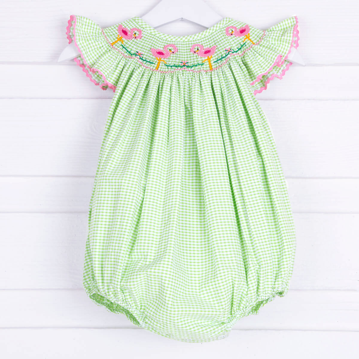 Flamingo Smocked Bubble Lime Green Seersucker