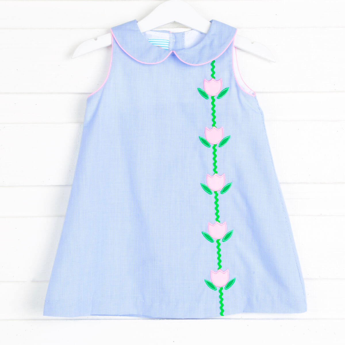Light Blue Gingham Tulip Applique Collared Dress