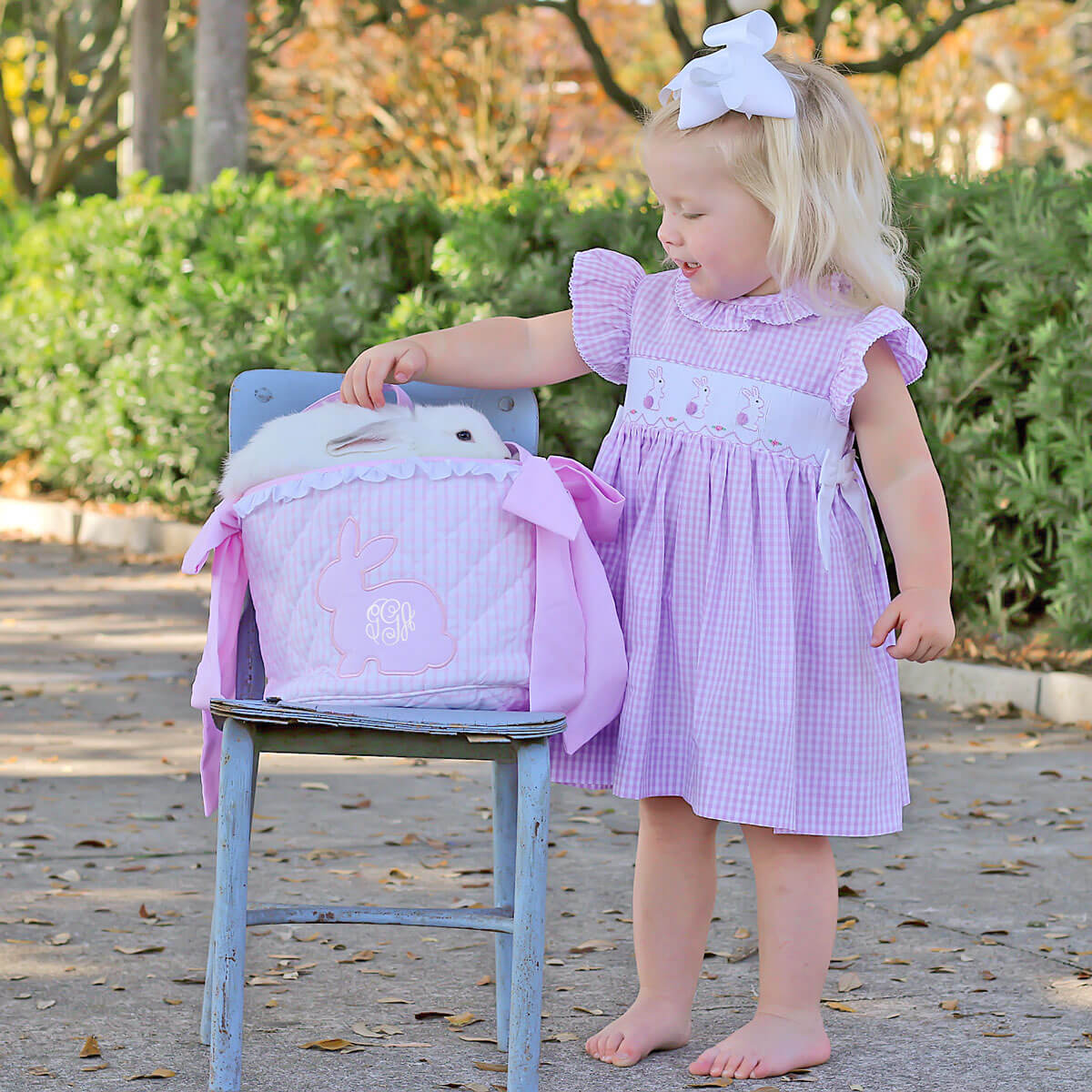 Bunny Silhouette Smocked Ruffle Collared Dress Lavender Check