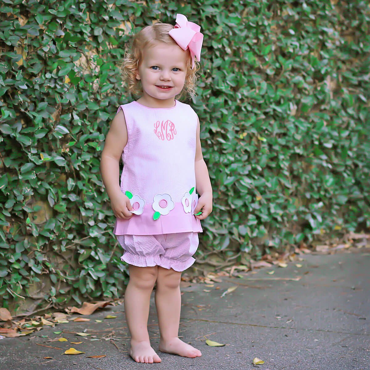Flower Applique Pink Stripe Bloomer Set