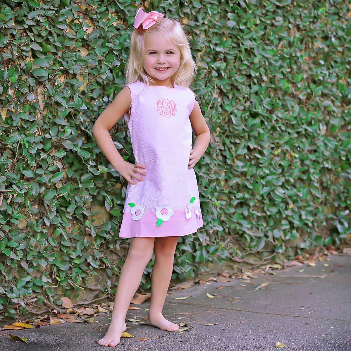 Flower Applique Pink Stripe Dress