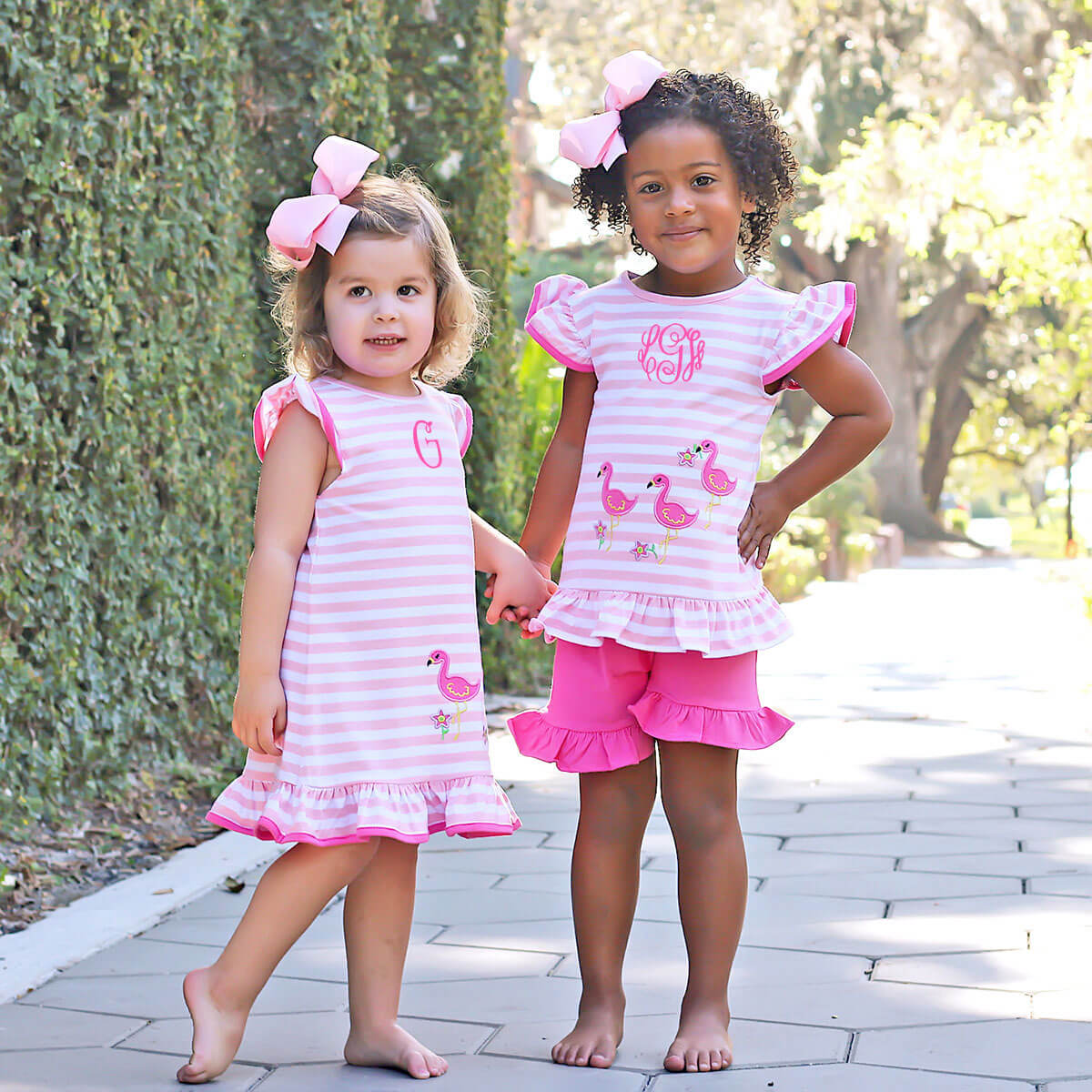 Flamingo Applique Pink Stripe Ruffle Short Set