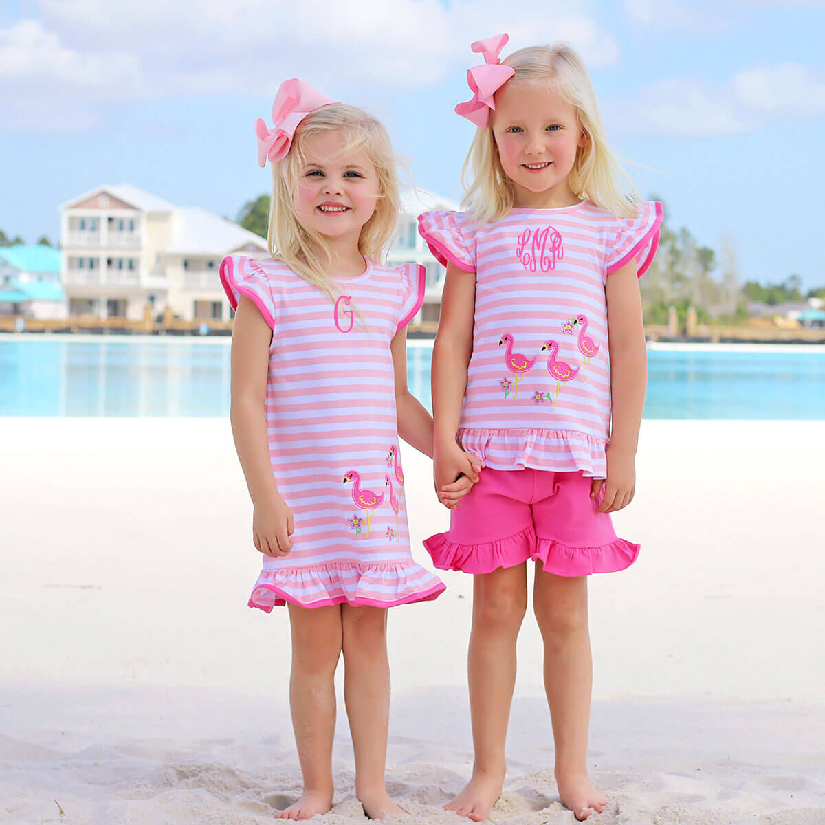 Flamingo Applique Pink Stripe Ruffle Short Set
