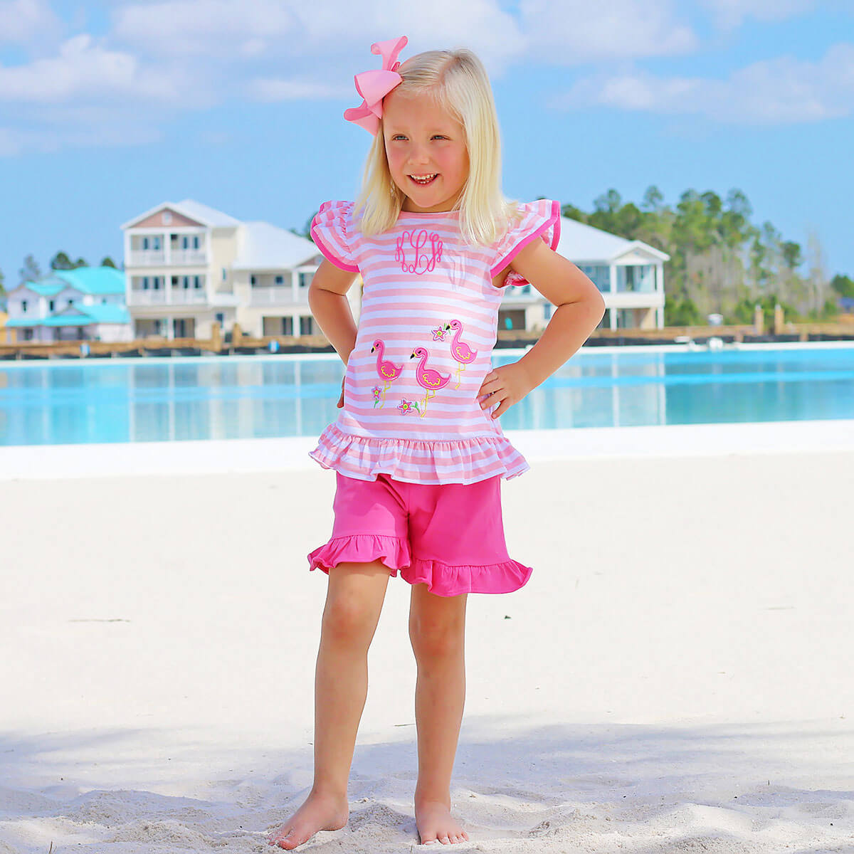 Flamingo Applique Pink Stripe Ruffle Short Set