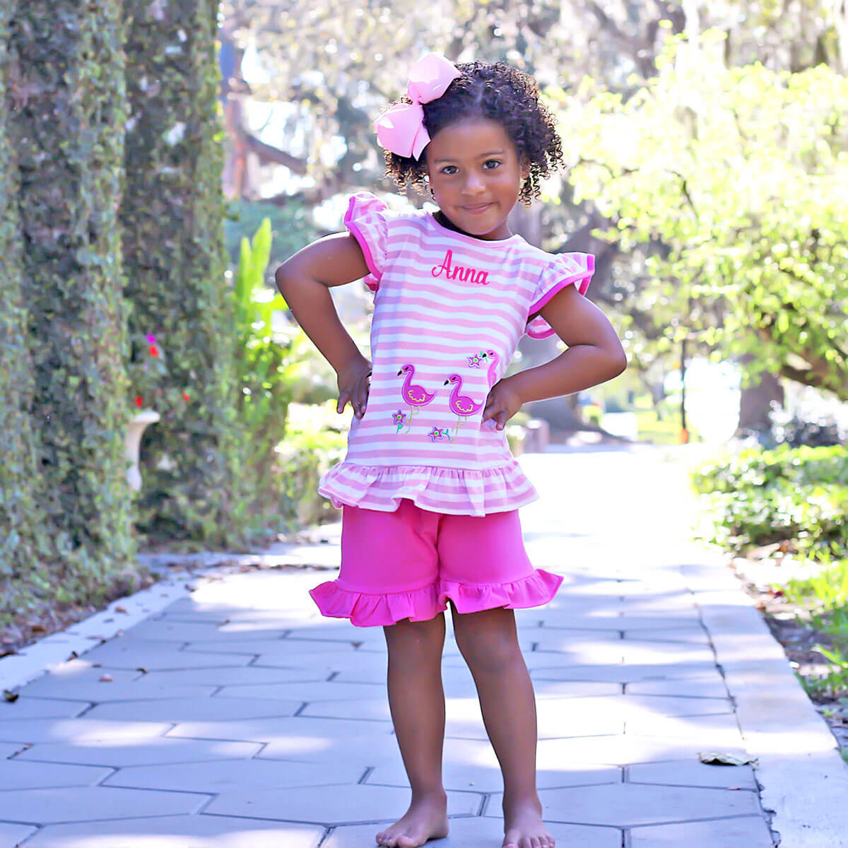 Flamingo Applique Pink Stripe Ruffle Short Set