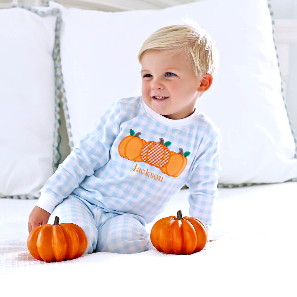 Pumpkin Cluster Blue Gingham Pajamas