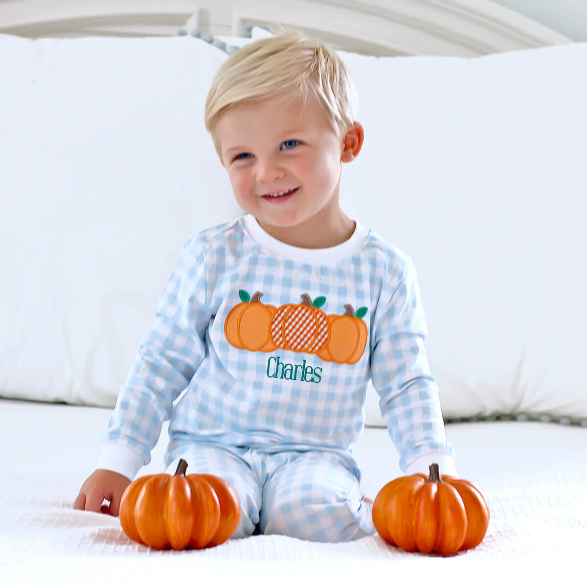 Pumpkin Cluster Blue Gingham Pajamas