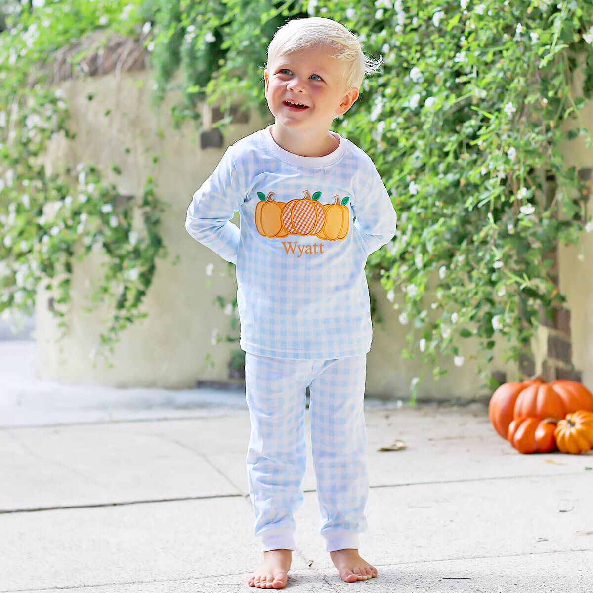 Pumpkin Cluster Blue Gingham Pajamas