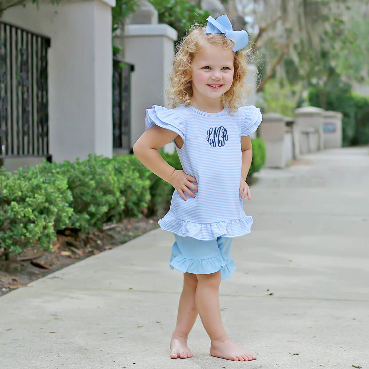 Milly Stripe Ruffle Short Set Light Blue
