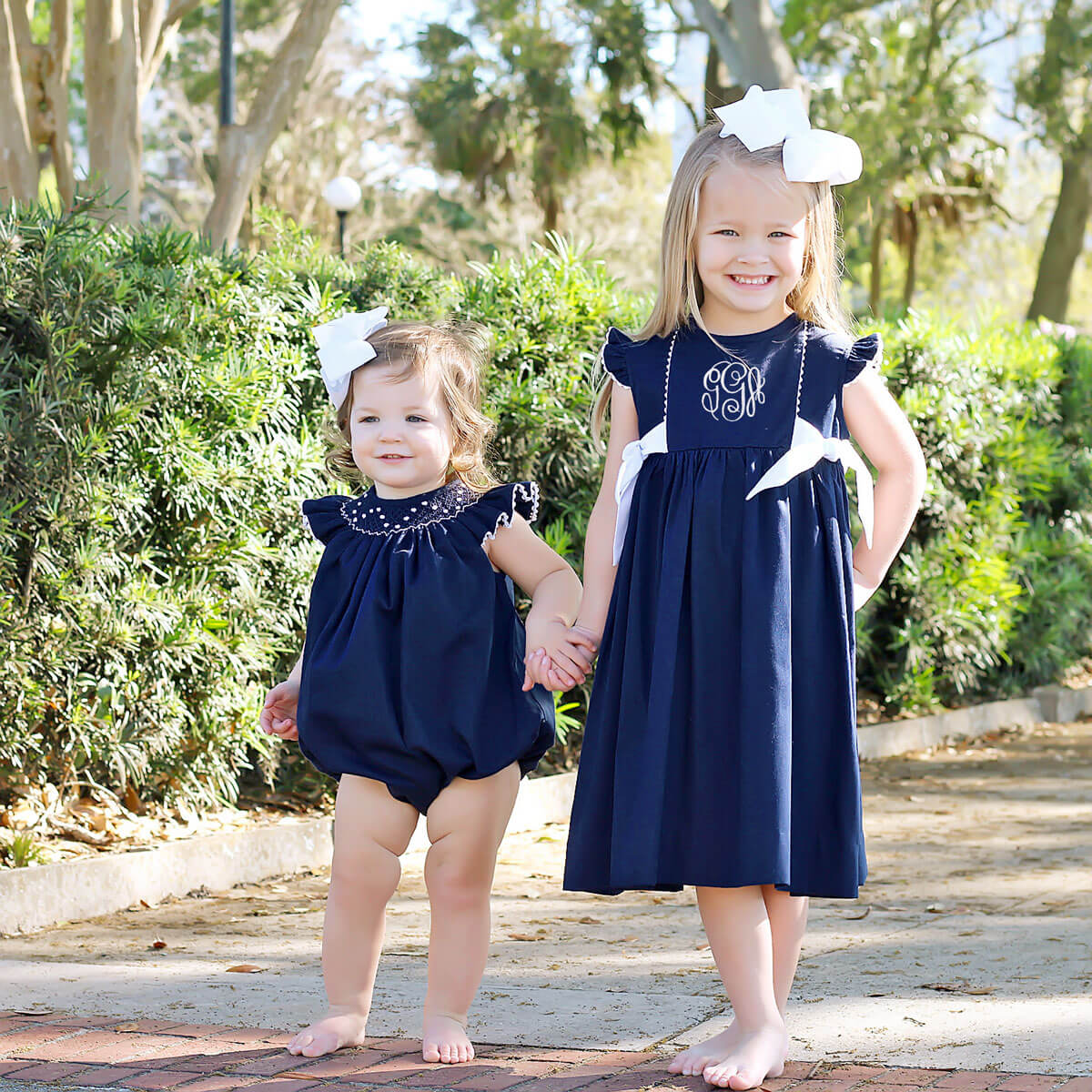 White Geometric Vine Smocked Bubble Navy Pique