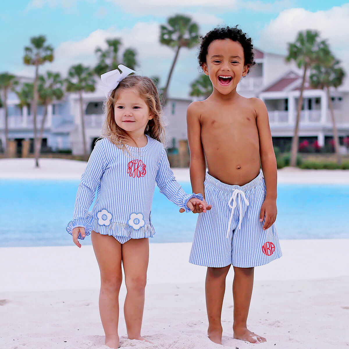 Daisy Blue Stripe Seersucker Rash Guard Set
