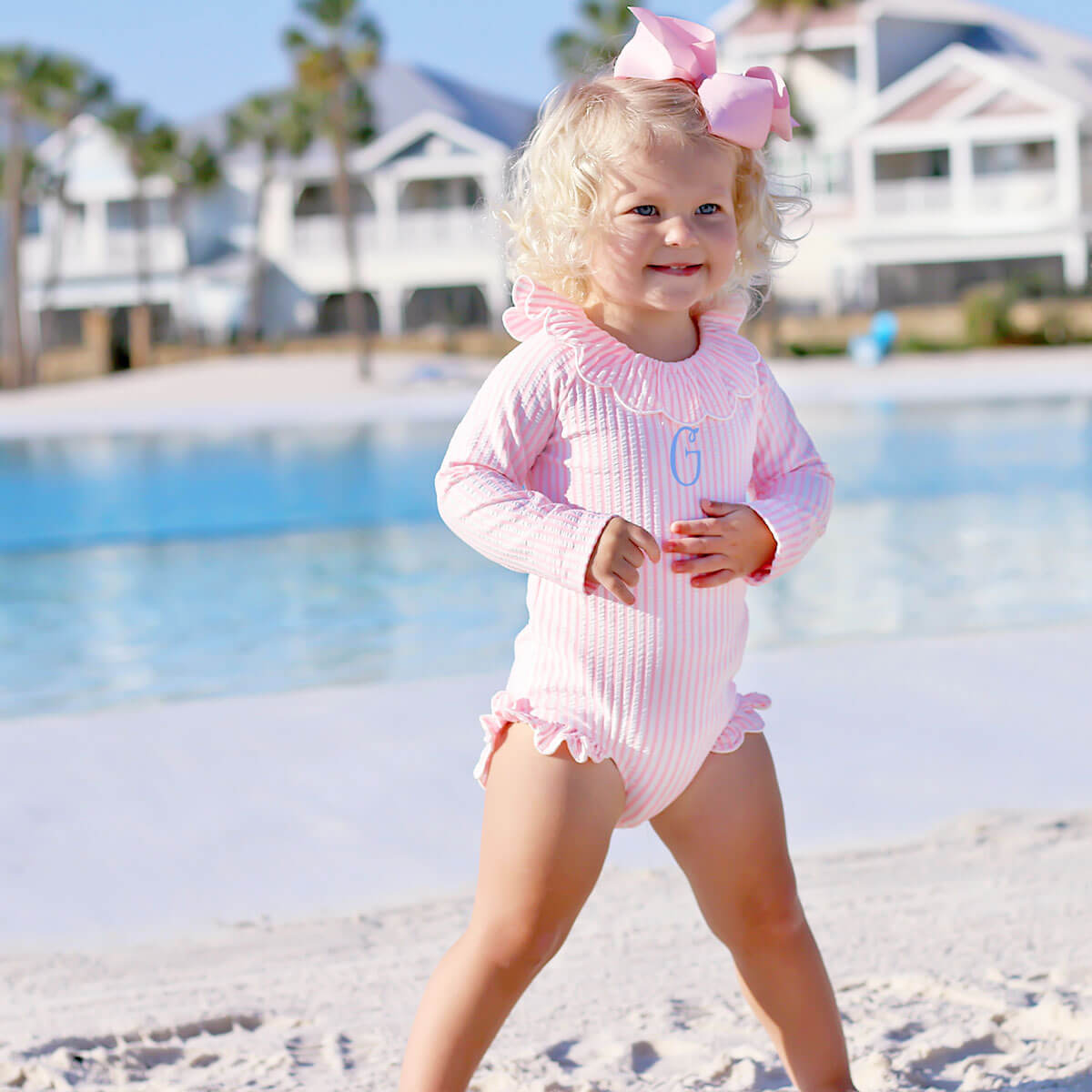 Pink Stripe Long Sleeve Swimsuit