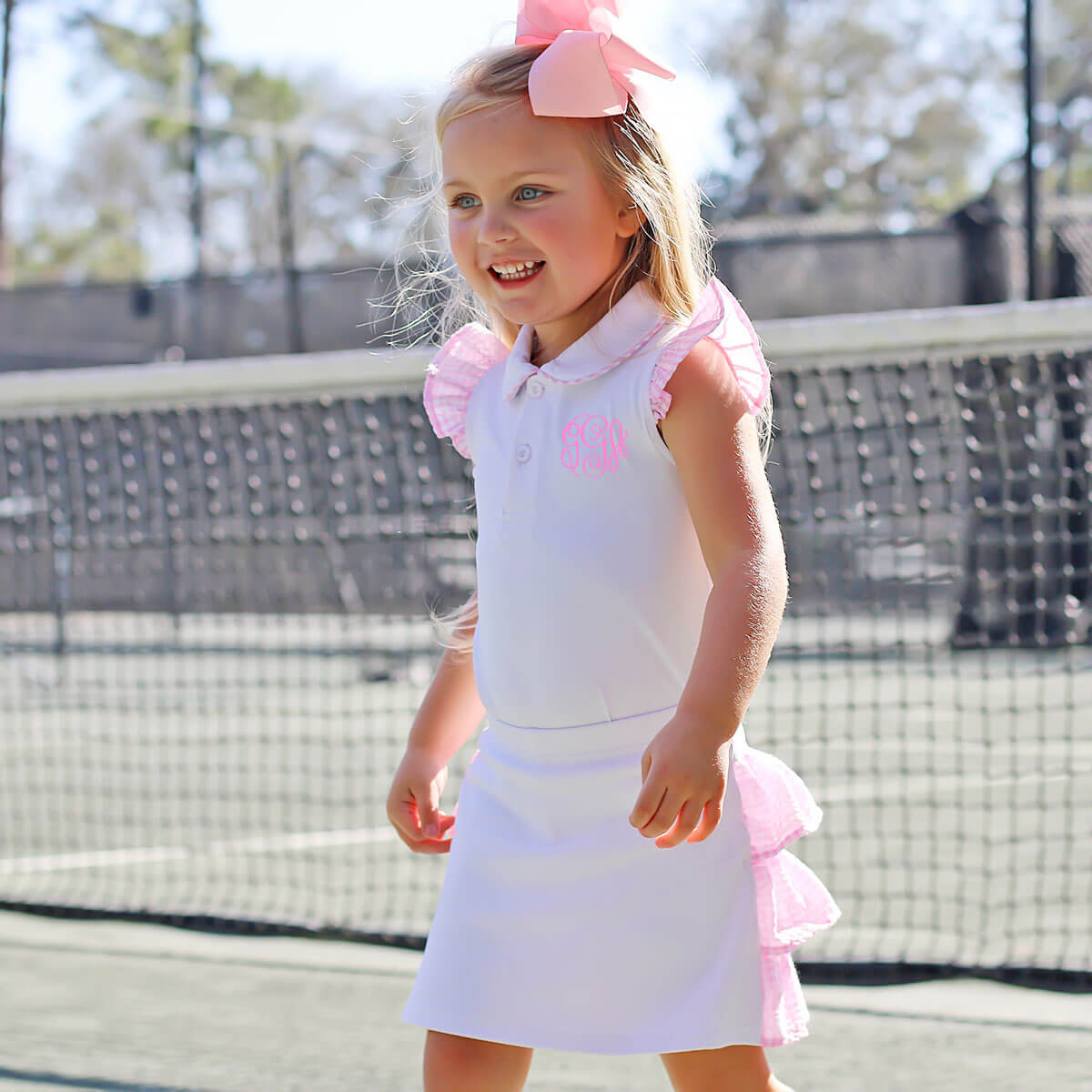 White Polo Pink Ruffle Tennis Skirt Set