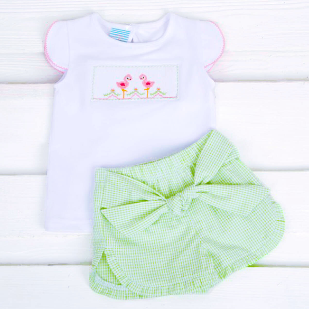 Flamingo Smocked Short Set Lime Green Seersucker