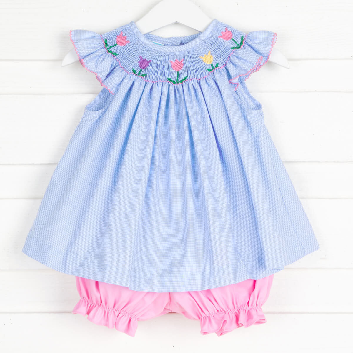 Tulip Smocked Light Blue Gingham Bloomer Set