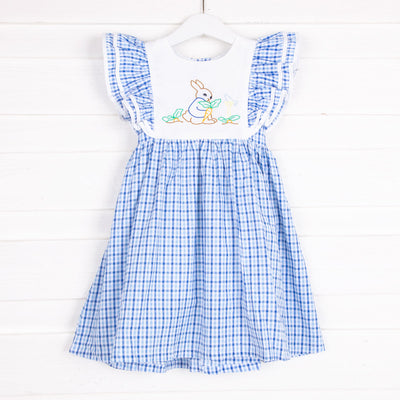 Storybook Rabbit Embroidered Blue Plaid Sash Dress
