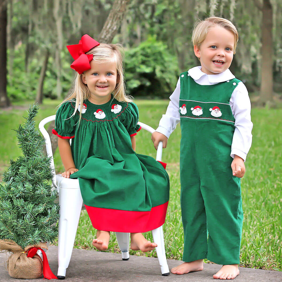 Santa Face Smocked Green Bishop Dress
