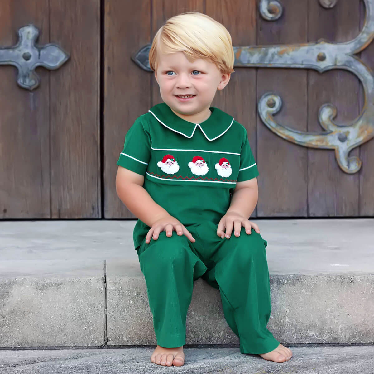 Santa Face Smocked Green Pant Set