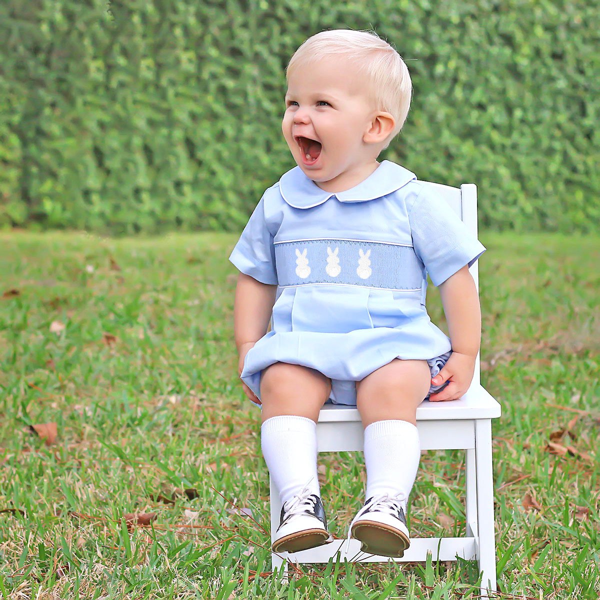 Cottontail Smocked Boy Bubble Light Blue Pique