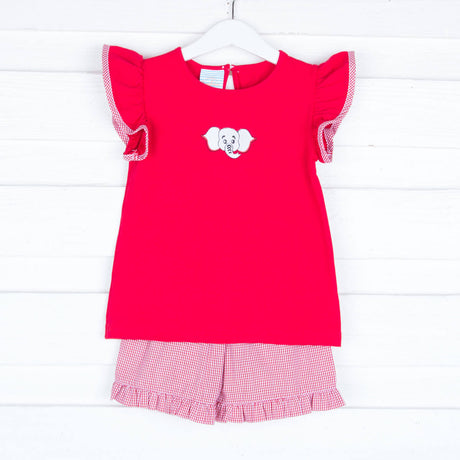 Embroidered Elephant Short Set Red Gingham