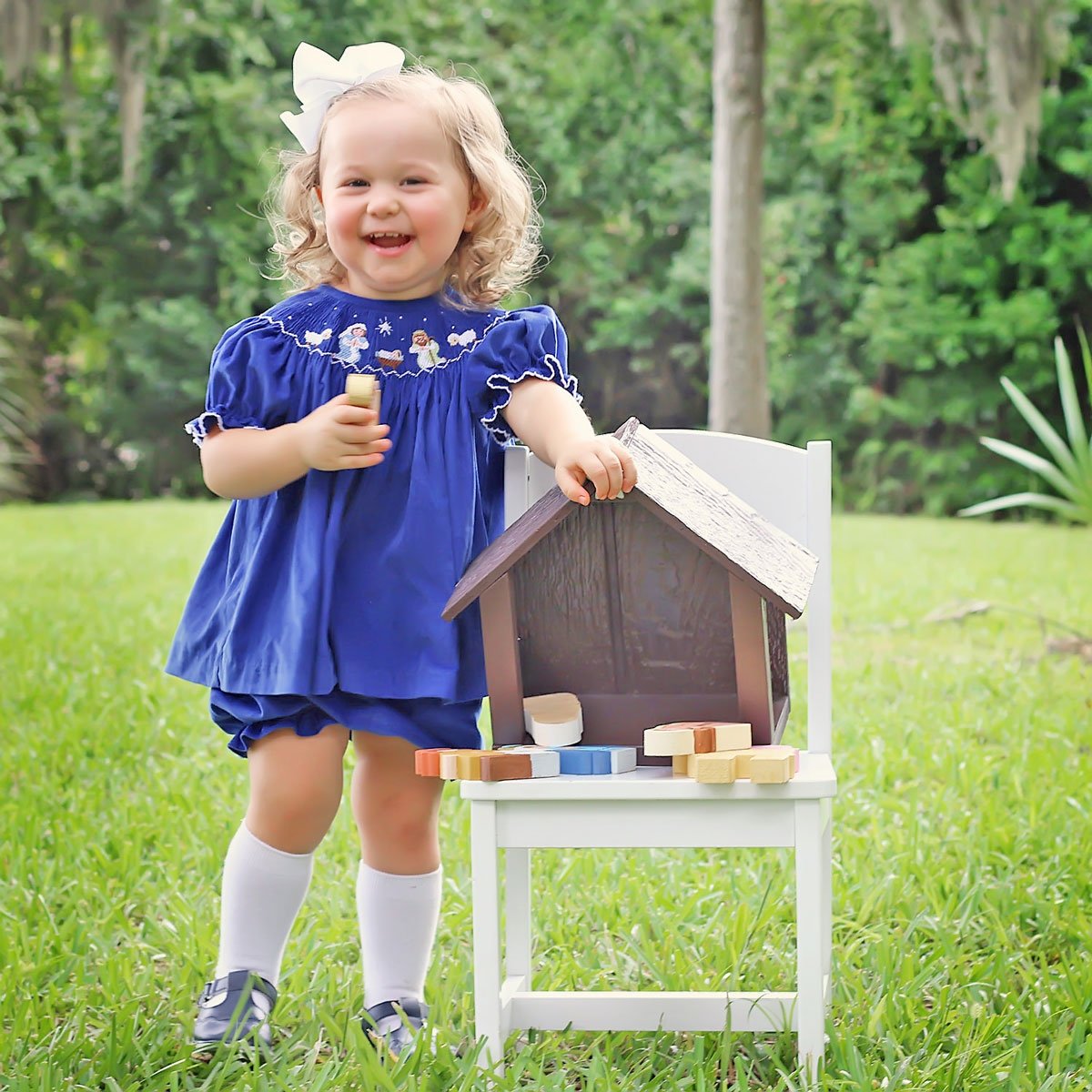 Smocked Nativity Bloomer Set Royal Blue Corduroy