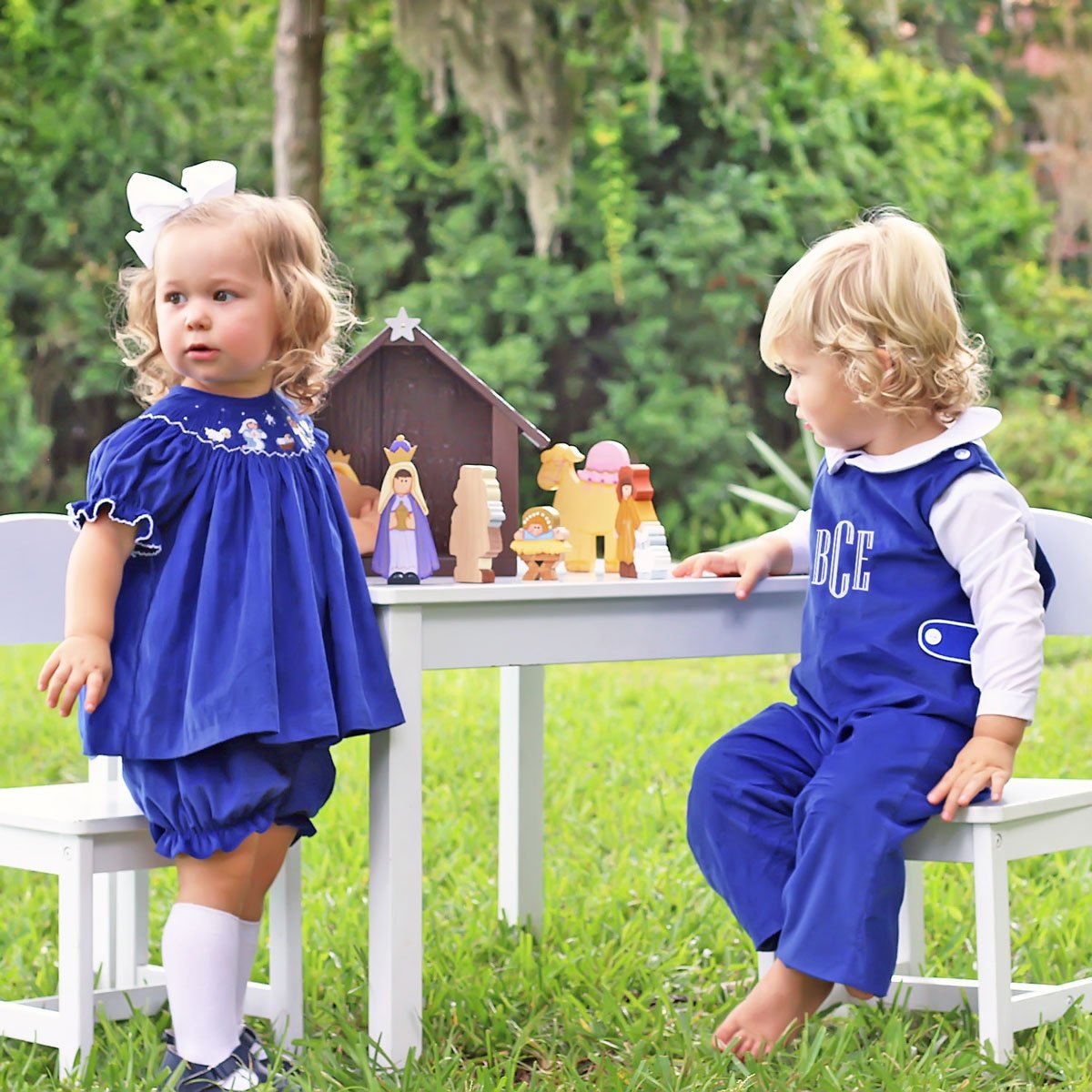 Smocked Nativity Bloomer Set Royal Blue Corduroy