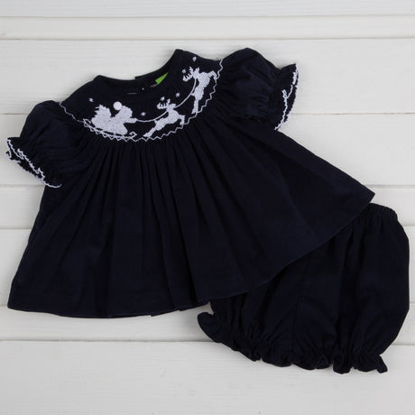 Smocked Santa Sleigh Bloomer Set Navy Corduroy