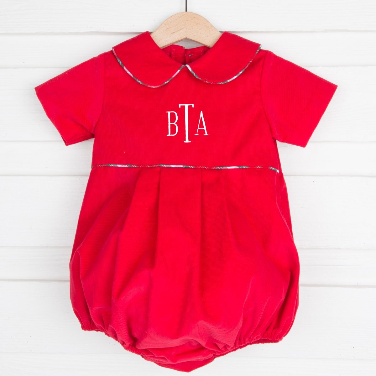 Red Corduroy Boy Bubble with Plaid Piping