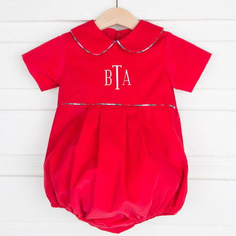 Red Corduroy Boy Bubble with Plaid Piping