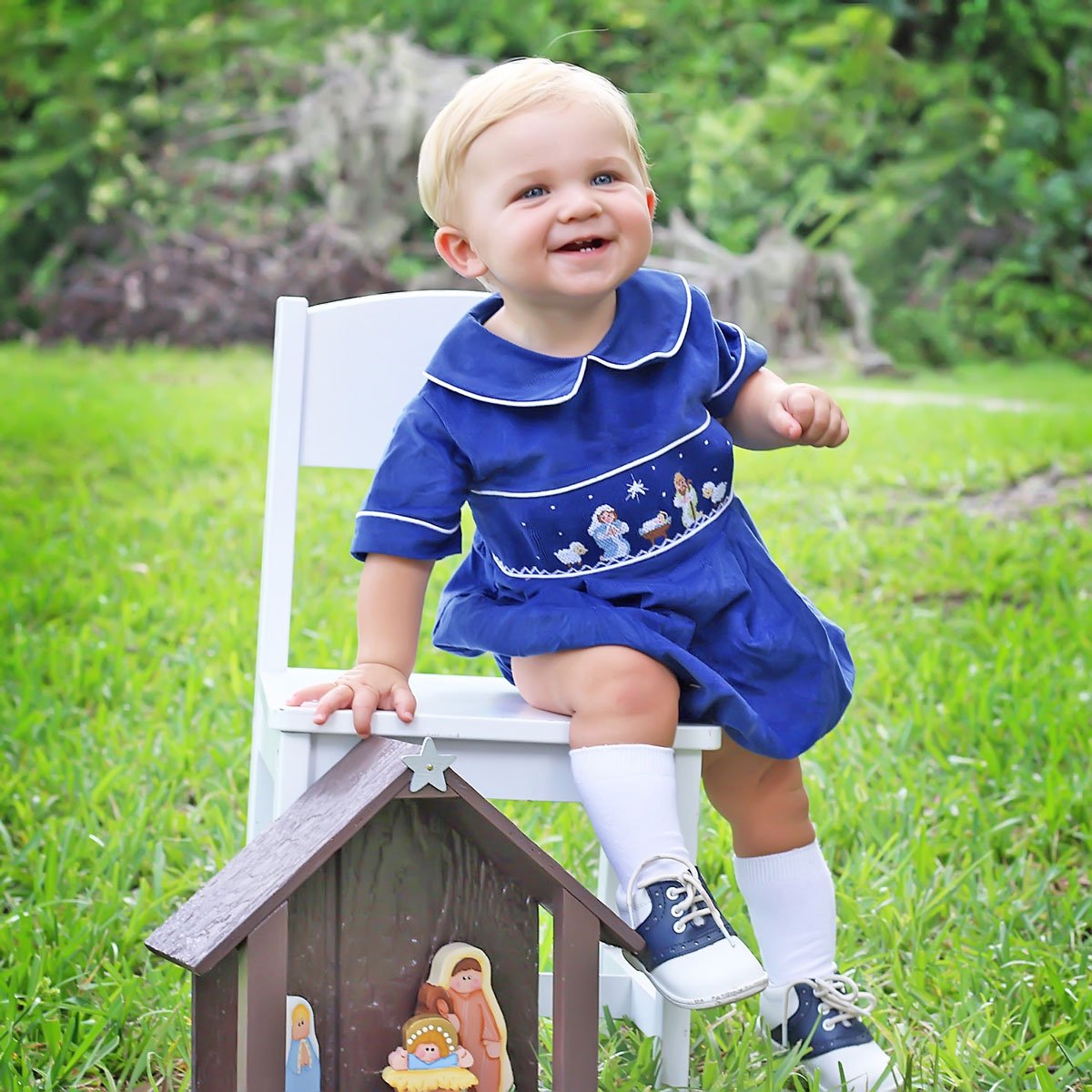 Smocked Nativity Collared Bubble Royal Blue Corduroy