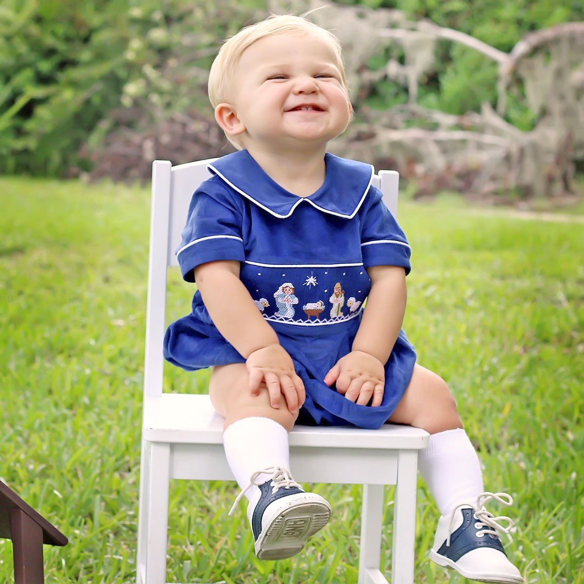 Smocked Nativity Collared Bubble Royal Blue Corduroy