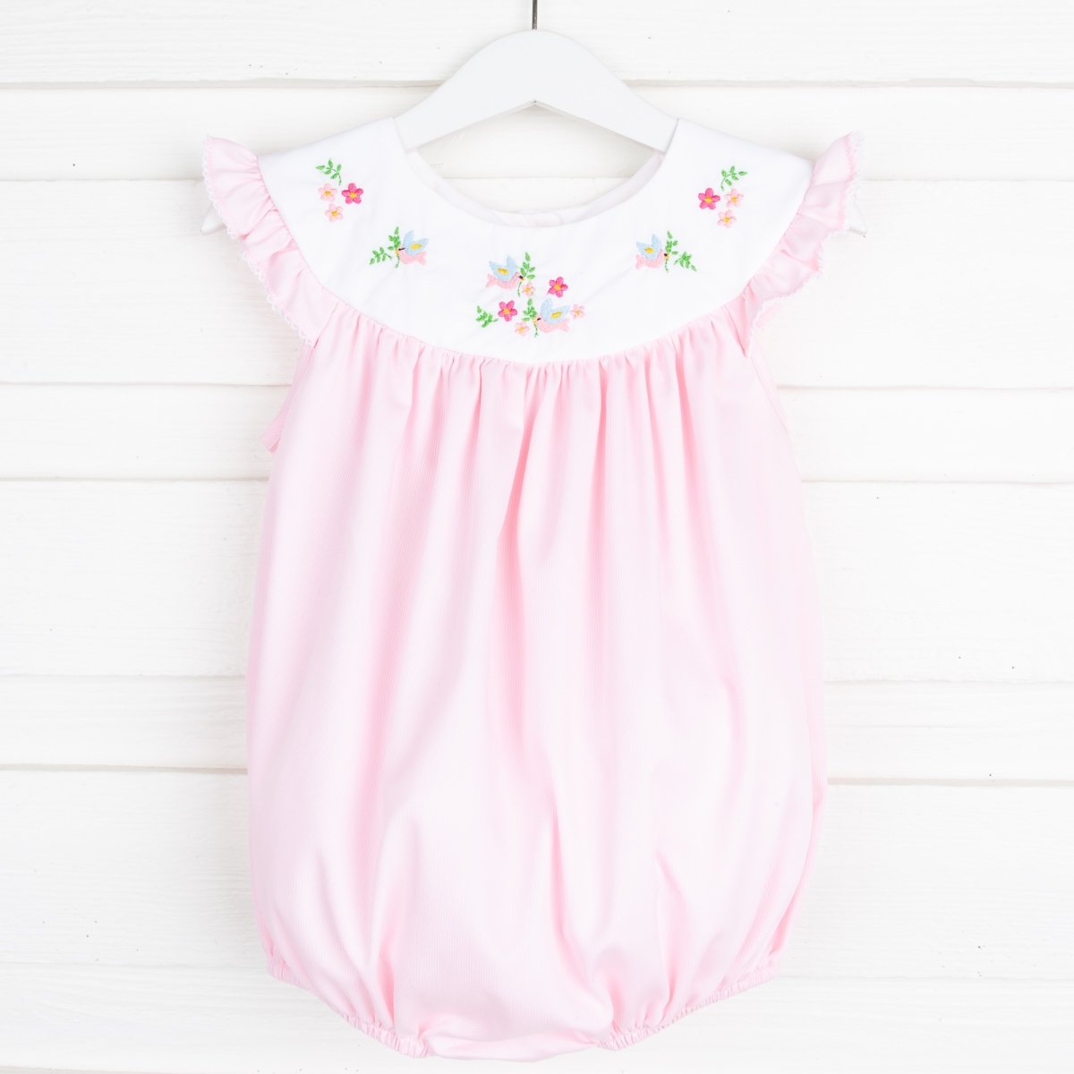 Yoke Neck Embroidered Bird Bubble Pink Pique