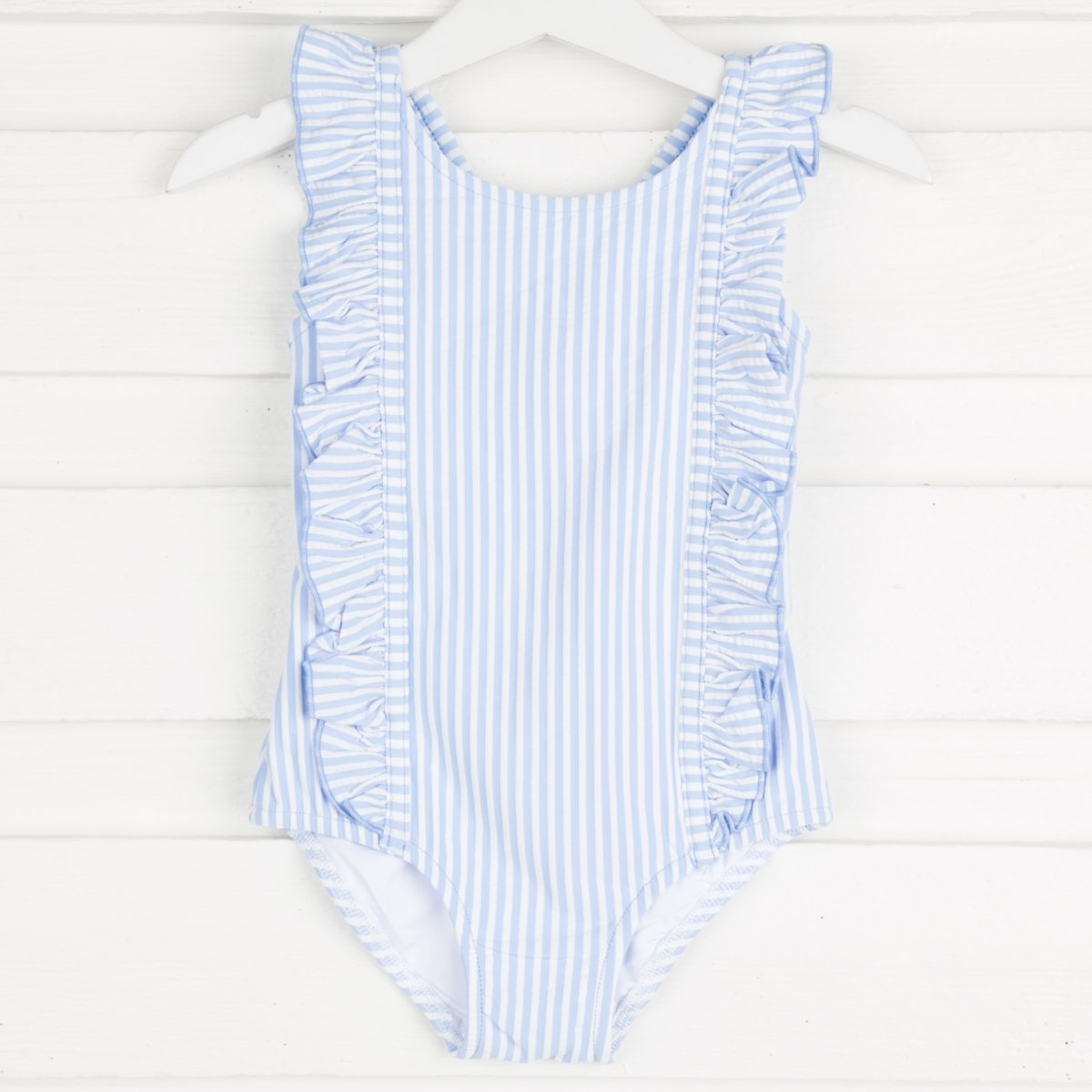 French Blue Seersucker Ruffle Swimsuit