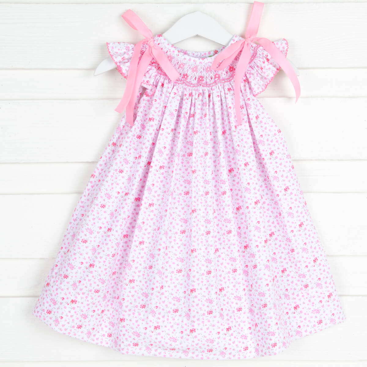 Geo Smocked Floral Ribbon Bow Dress