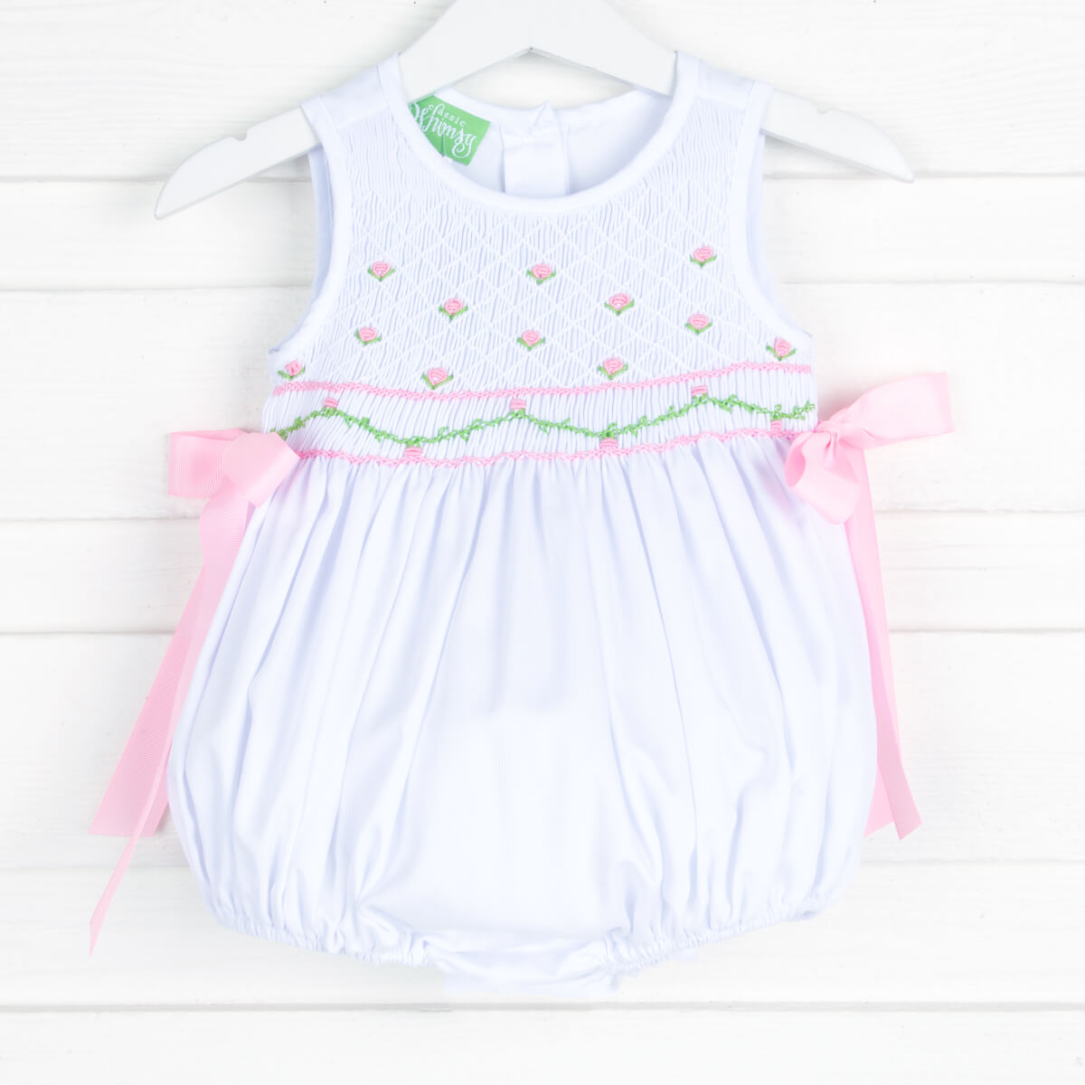 Rose Geometric Smocked White Pique Bubble
