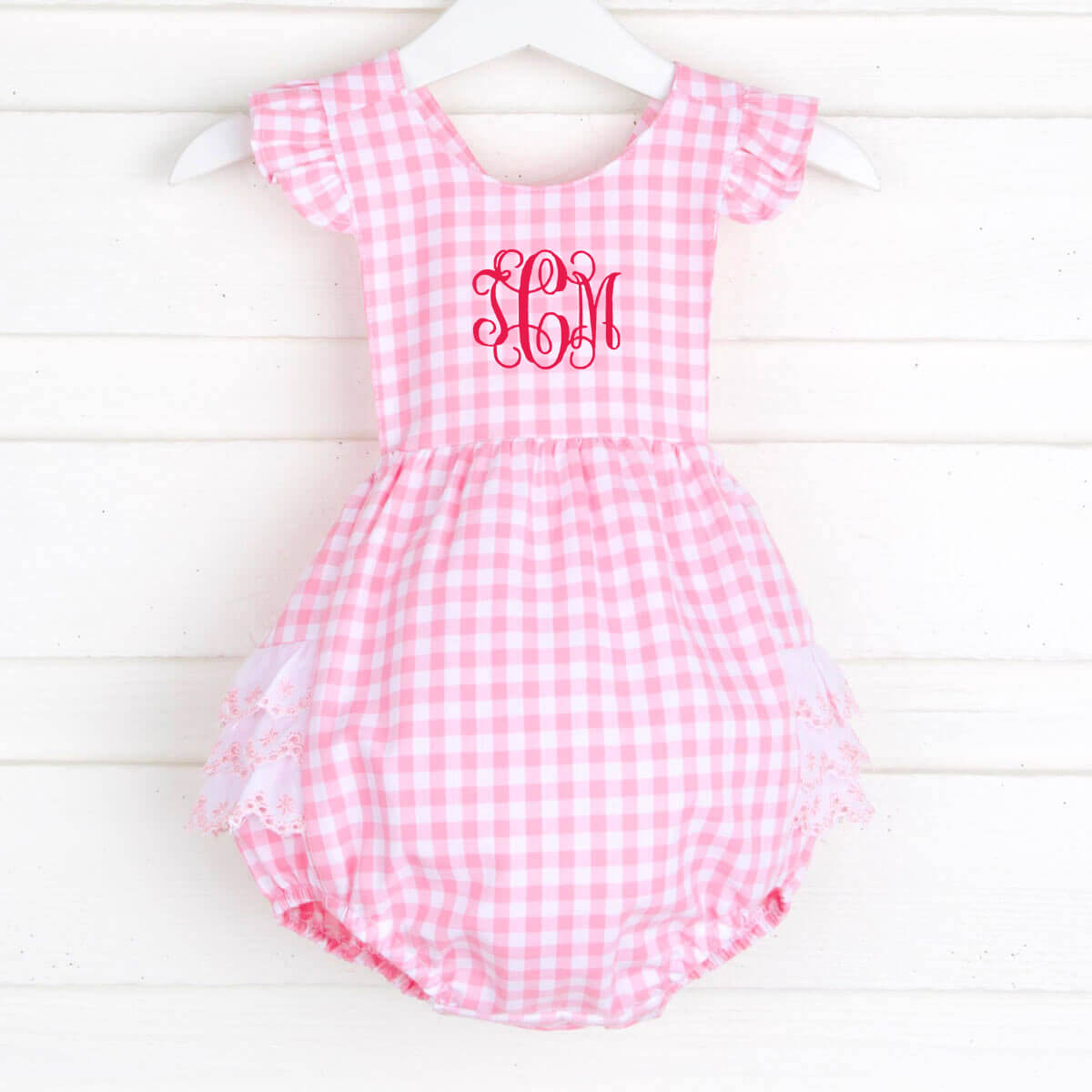 Pink Gingham Eyelet Ruffle Bubble