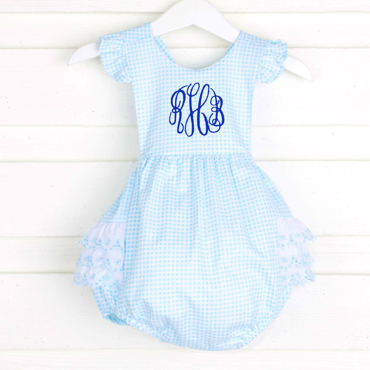 Blue Gingham Eyelet Ruffle Bubble