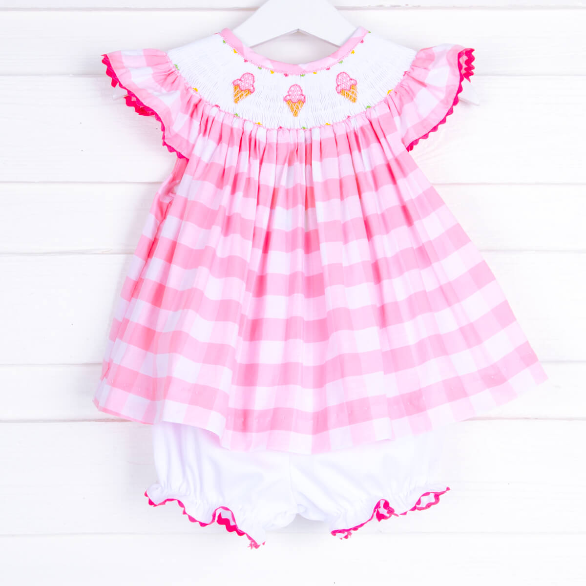 Ice Cream Smocked Pink Check Bloomer Set