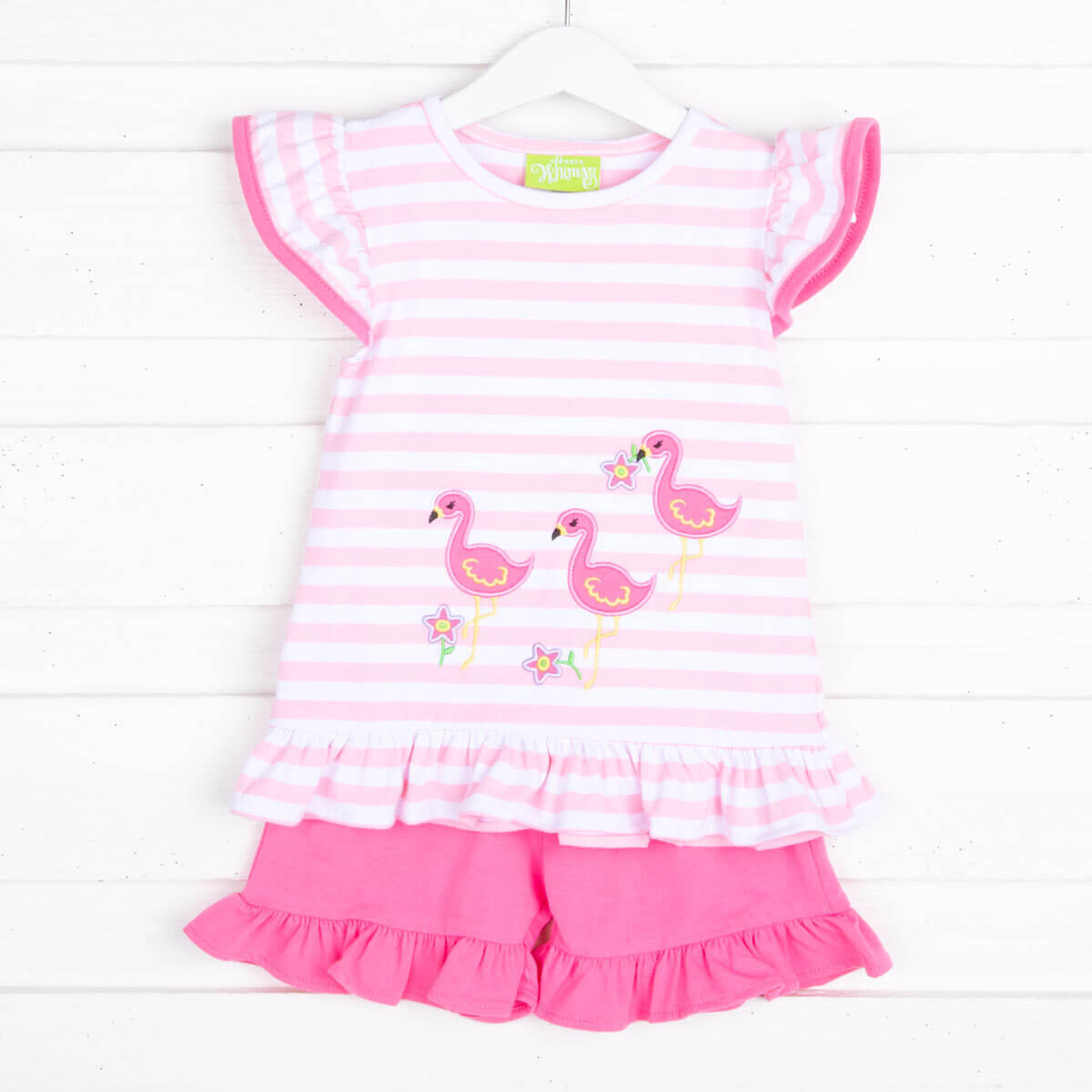 Flamingo Applique Pink Stripe Ruffle Short Set